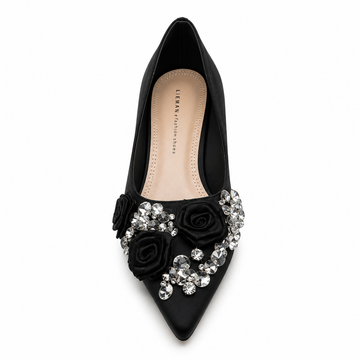 Black Floral Crystal Low Heel Pumps