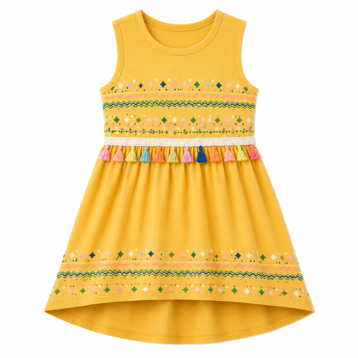 Girls Yellow Embroidered Tassel Dress