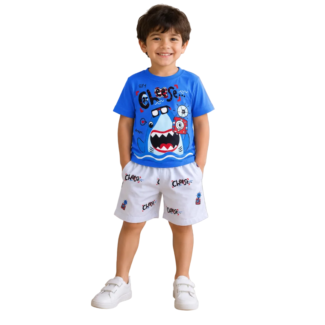 Boys Blue Shark Graphic T-Shirt & Printed Shorts Set