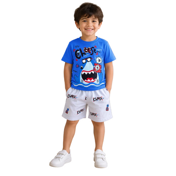 Boys Blue Shark Graphic T-Shirt & Printed Shorts Set
