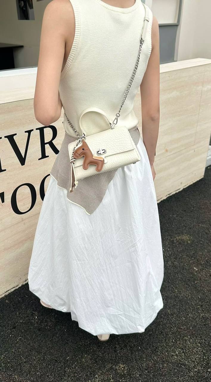 Elegant Turn-Lock Top Handle Bag – White