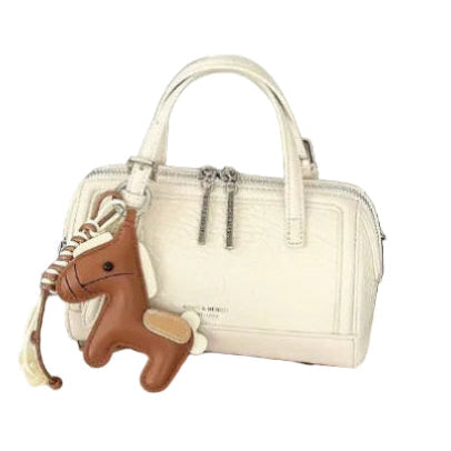 Women's Textured Mini Boston Handbag with Horse Charm – Cream