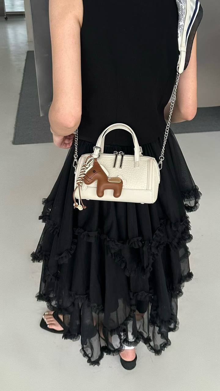 Women's Textured Mini Boston Handbag with Horse Charm – Cream