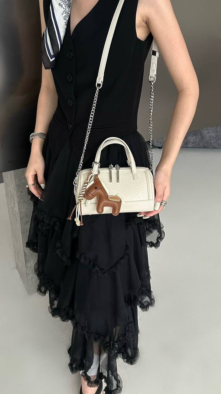 Women's Textured Mini Boston Handbag with Horse Charm – Cream