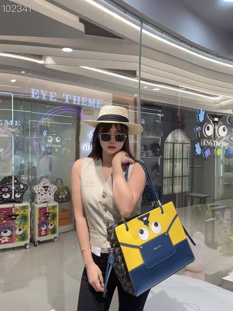 Cartoon Eyes Large Tote Bag – Yellow & Navy Women's Shoulder Handbag