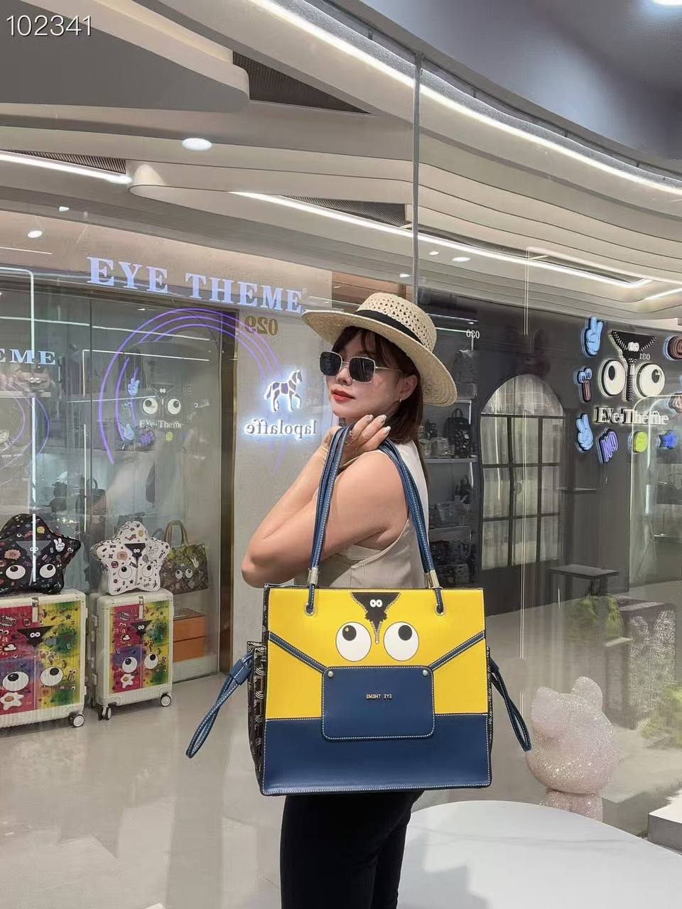 Cartoon Eyes Large Tote Bag – Yellow & Navy Women's Shoulder Handbag