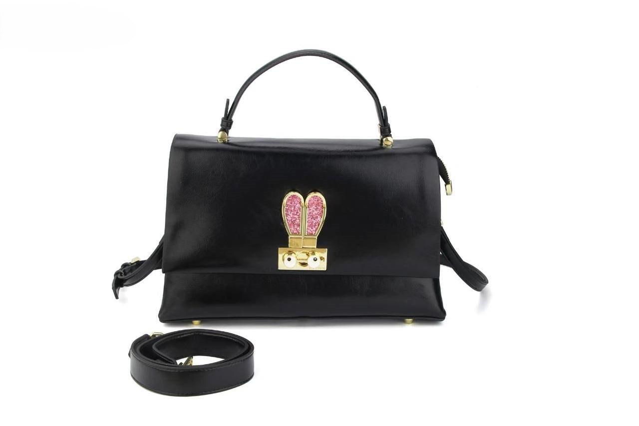 Eye Theme Bunny Lock Satchel – Black Women’s Top Handle Bag