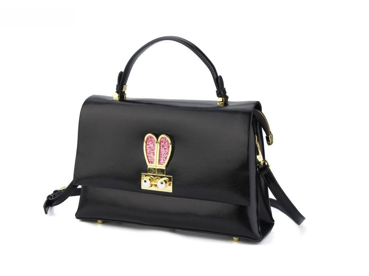 Eye Theme Bunny Lock Satchel – Black Women’s Top Handle Bag