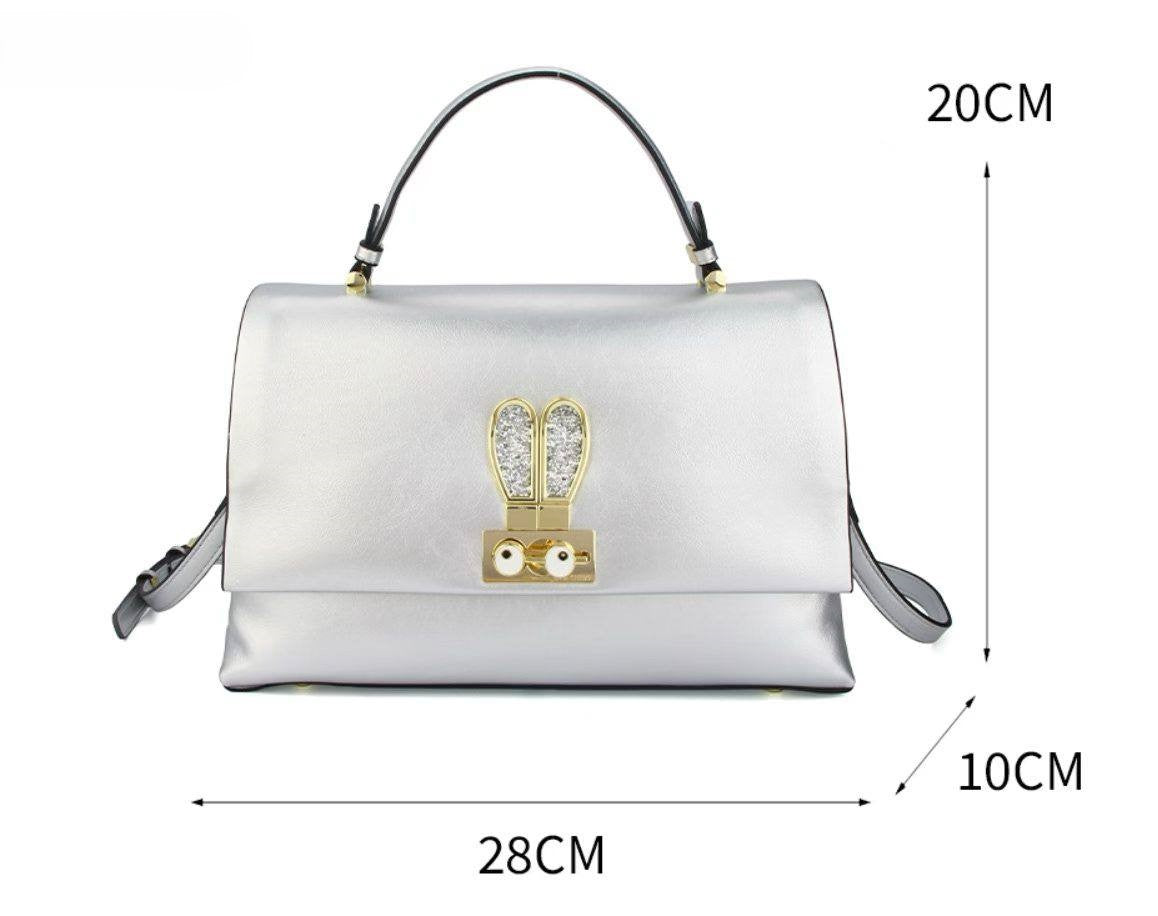 Eye Theme Bunny Lock Satchel – Silver Women's Top Handle Shoulder Bag