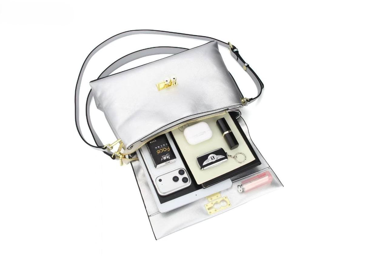 Eye Theme Bunny Lock Satchel – Silver Women's Top Handle Shoulder Bag
