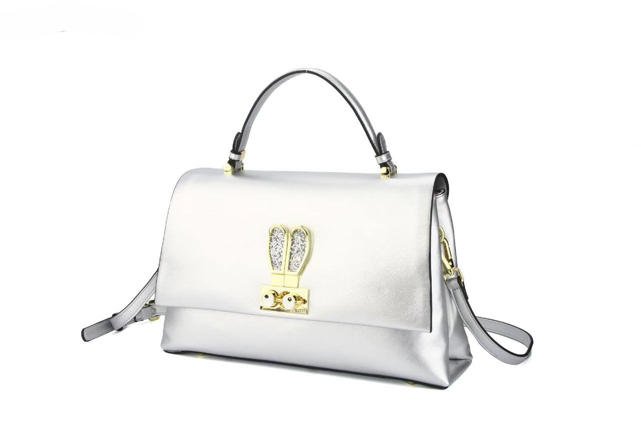 Eye Theme Bunny Lock Satchel – Silver Women's Top Handle Shoulder Bag