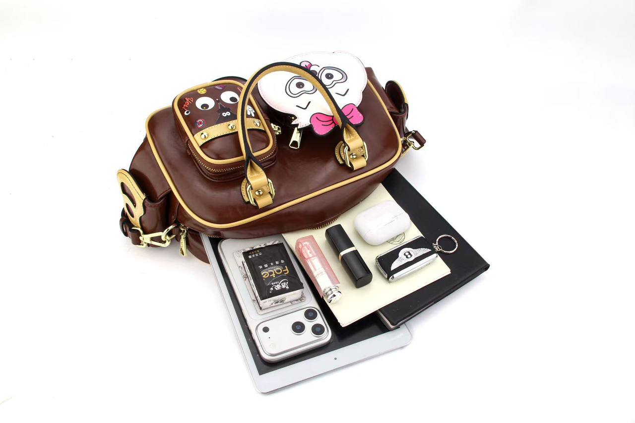 Eye Theme Cocoa Charm Boston Bag – Women's Brown Handbag with Shoulder Strap