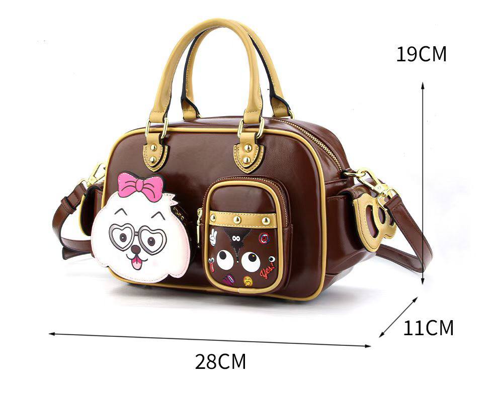 Eye Theme Cocoa Charm Boston Bag – Women's Brown Handbag with Shoulder Strap