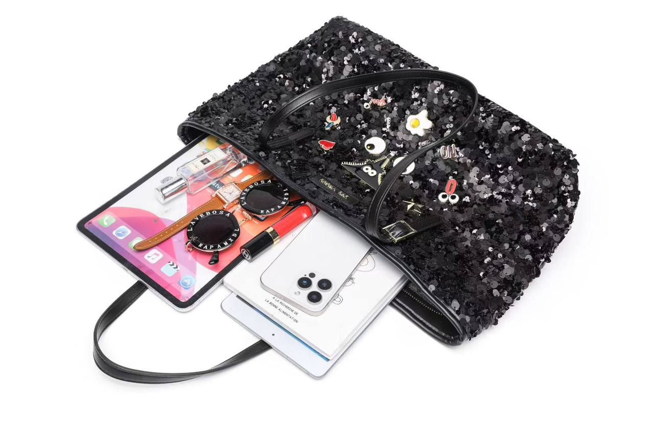 Eye Theme Sequin 3-Piece Tote Set – Black Women's Luxury Handbag Collection