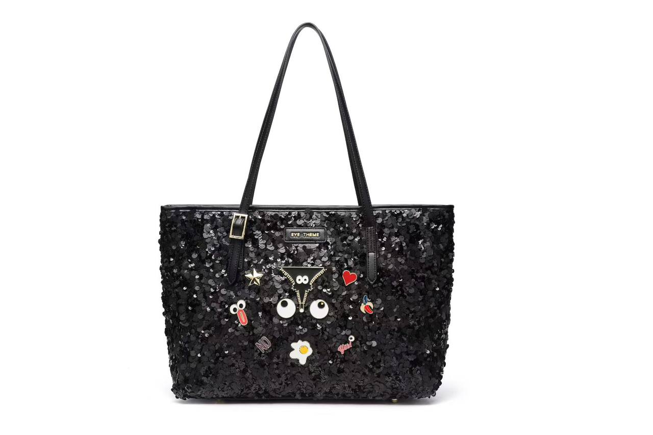 Eye Theme Sequin 3-Piece Tote Set – Black Women's Luxury Handbag Collection
