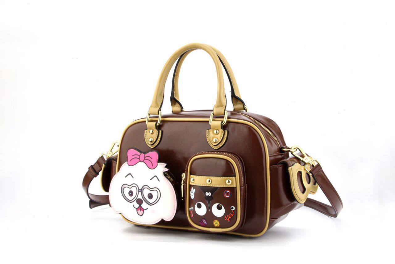 Eye Theme Cocoa Charm Boston Bag – Women's Brown Handbag with Shoulder Strap