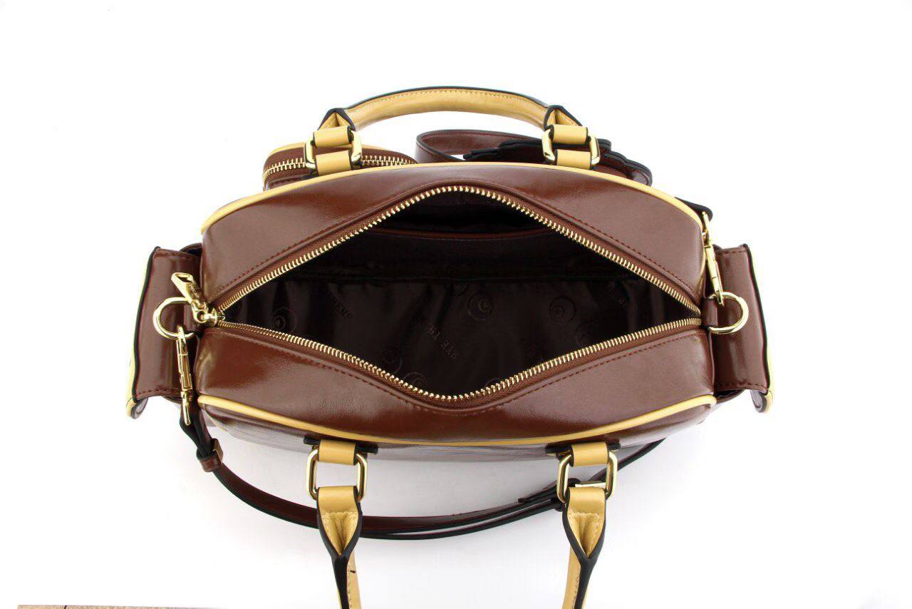 Eye Theme Cocoa Charm Boston Bag – Women's Brown Handbag with Shoulder Strap