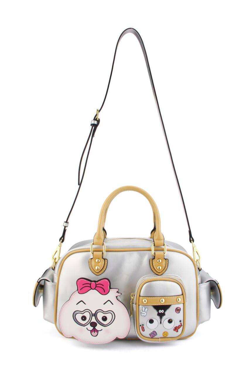 Eye Theme Silver Charm Boston Bag – Women's Handbag with Detachable Shoulder Strap