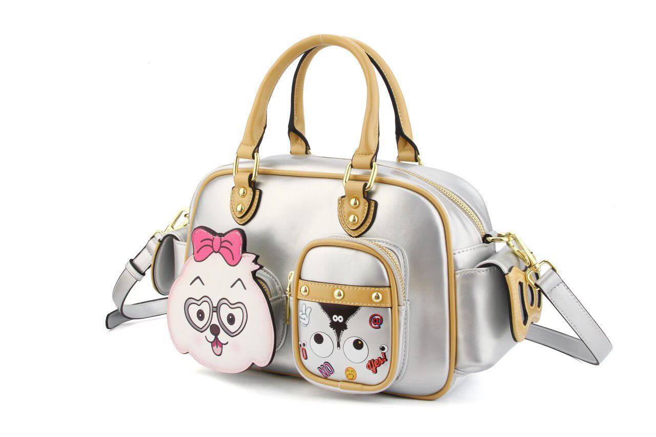 Eye Theme Silver Charm Boston Bag – Women's Handbag with Detachable Shoulder Strap