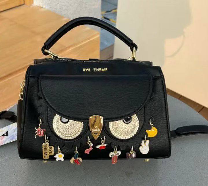 Eye Theme Owl Charm Satchel – Black Women's Top Handle Bag