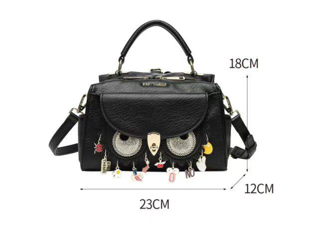 Eye Theme Owl Charm Satchel – Black Women's Top Handle Bag