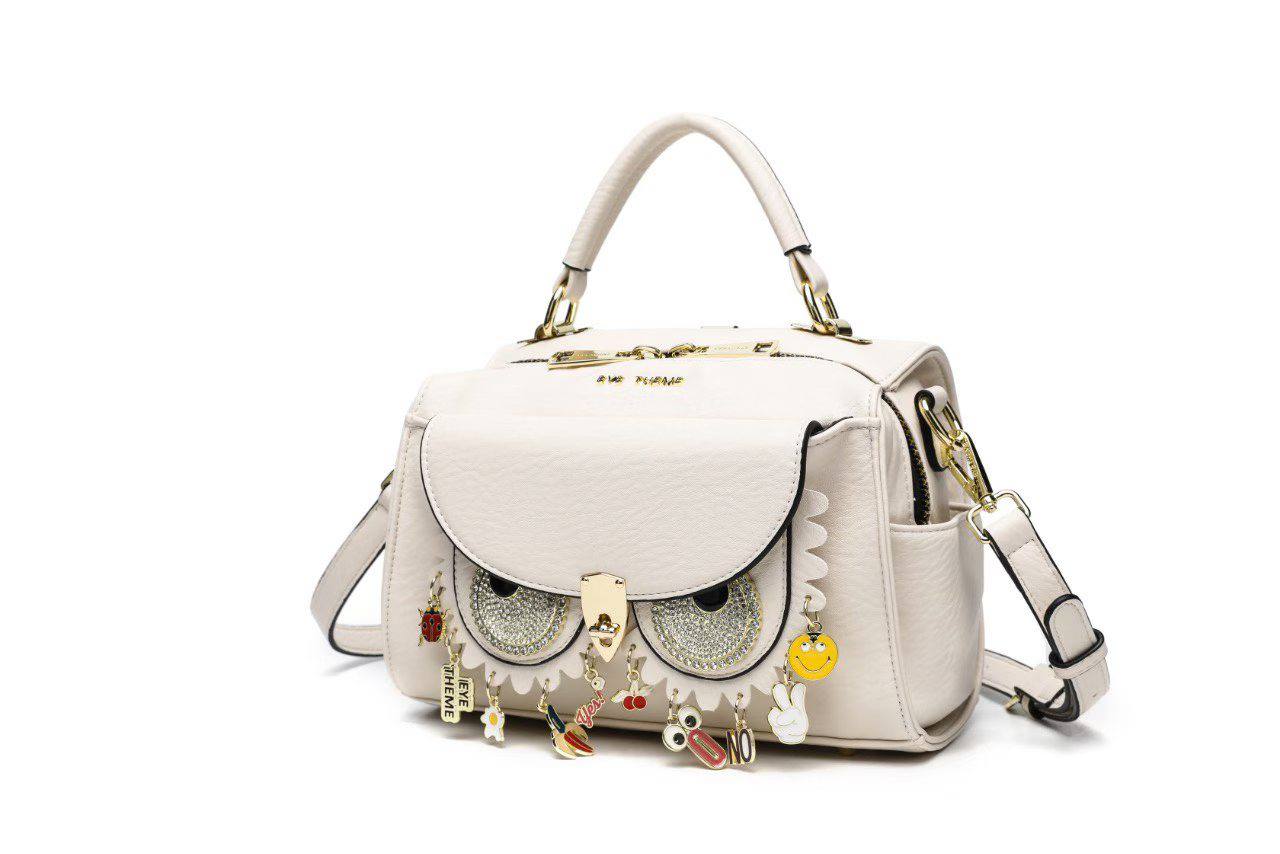 Eye Theme Owl Charm Satchel – Cream Women’s Top Handle Bag