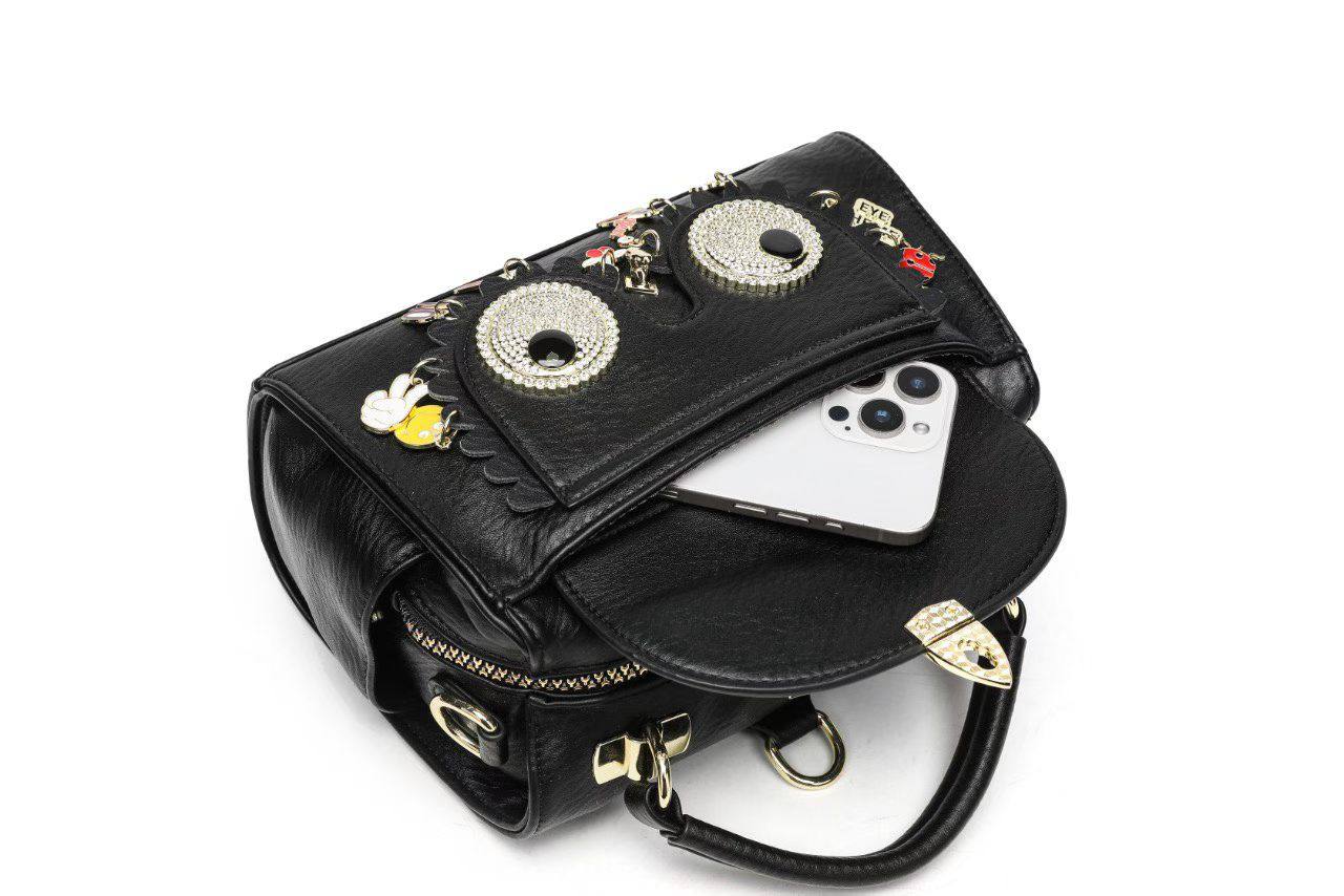 Eye Theme Owl Charm Satchel – Black Women's Top Handle Bag