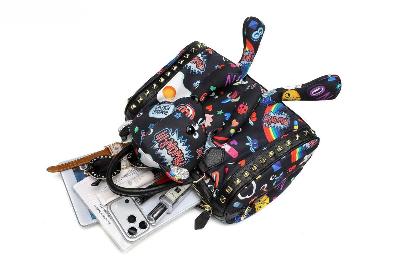 Eye Theme Bear Charm Satchel – Women's Printed Top Handle Shoulder Bag