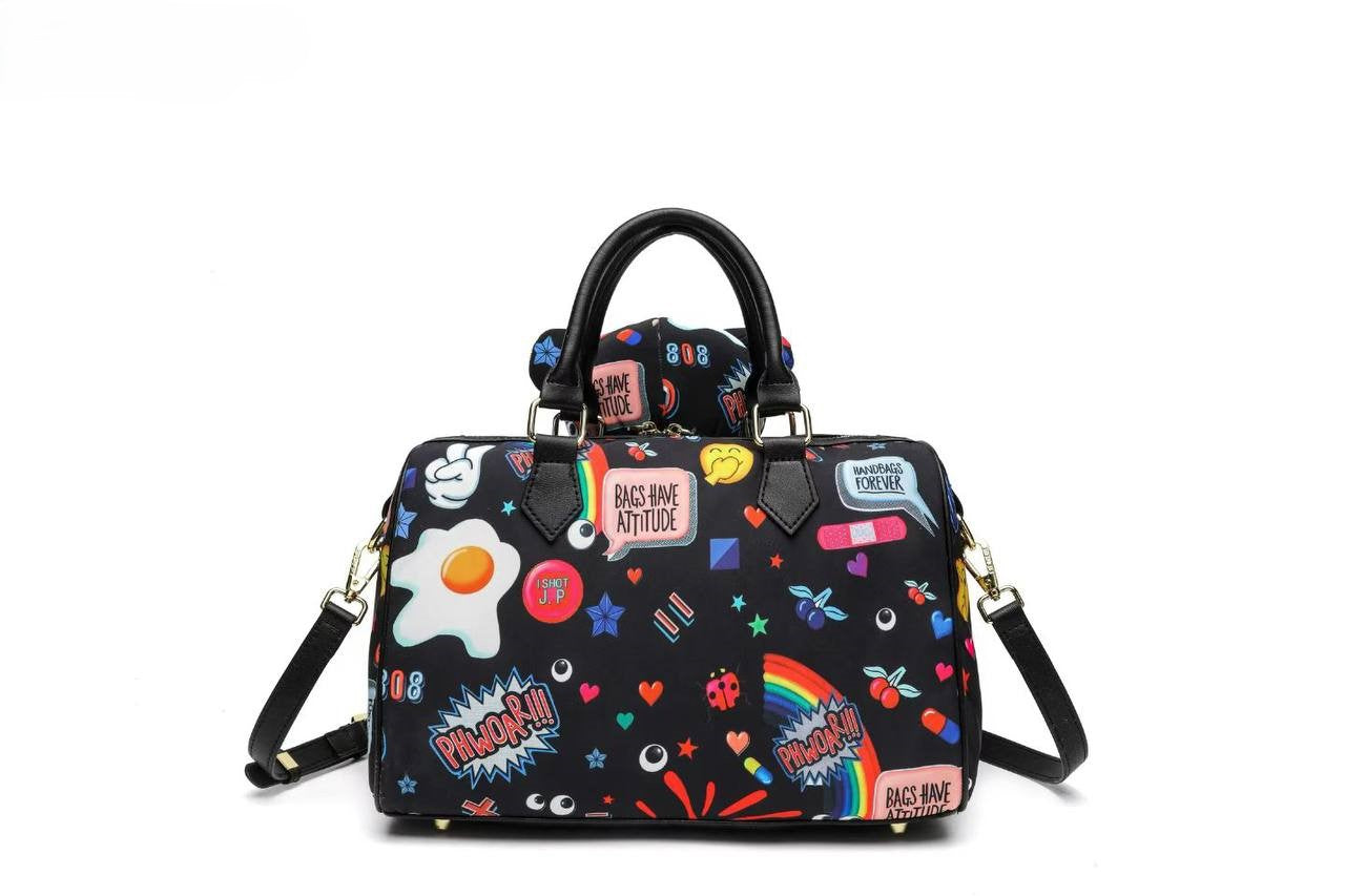Eye Theme Bear Charm Satchel – Women's Printed Top Handle Shoulder Bag