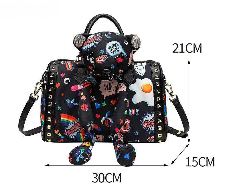 Eye Theme Bear Charm Satchel – Women's Printed Top Handle Shoulder Bag