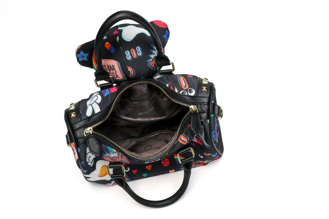 Eye Theme Bear Charm Satchel – Women's Printed Top Handle Shoulder Bag